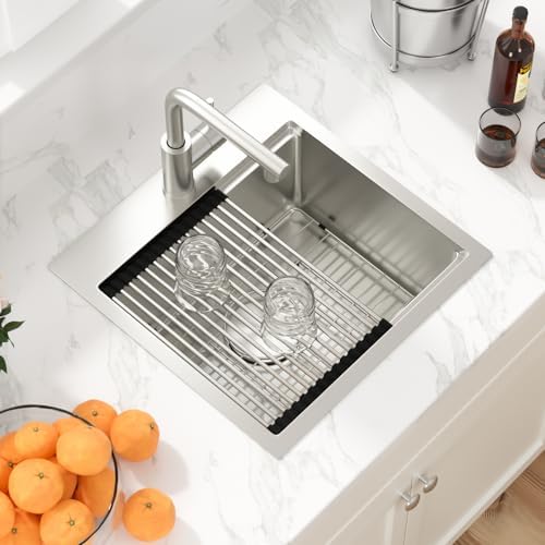 Sarlai Drop Bar Sink - 18 Inch Outdoor Kitchen Sink with Pull-out Faucet Drop In Workstation 18 x 18 Topmount Stainless Steel 16 Gauge Single Bowl Bar Prep RV Outdoor Sinks Basin - Image 3