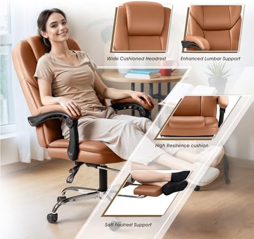 Furmax Executive Office Chair with Foot Rest Big and Tall Office Chair Ergonomic Home Office Desk Chairs Reclining High Back Leather Chair with Lumbar Support, 400LBS (Brown) - Image 5