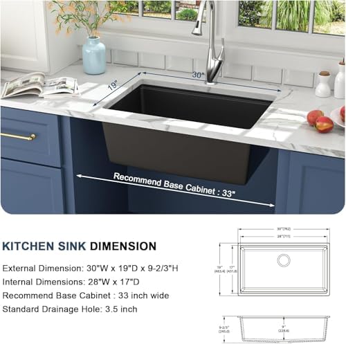 Lordear 30 Black Undermount Kitchen Sink Granite Composite 30X19 Inch Undermount Workstation Sinks Quartz Black Deep Single Bowl Sink - Image 5