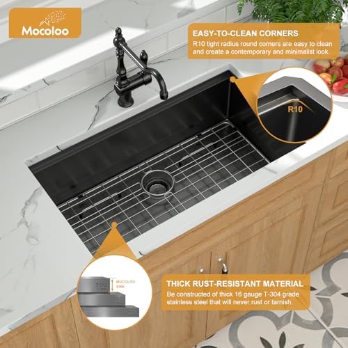 Mocoloo 33 Inch Undermount Kitchen Sink - 33 x 19 Black Stainless Steel Sinks Ledge Workstation 16 Gauge Deep Single Bowl Handmade NANO-PVD Under Counter Gunmetal Black Kitchen Sink - Image 4