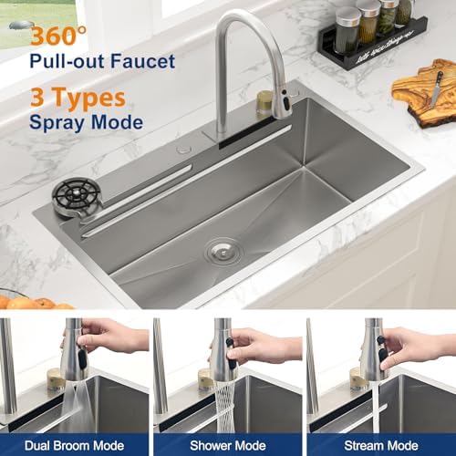 Sarlai Waterfall Kitchen Sink - 30 Inch Drop In Waterfall Workstation Kitchen Sink Stainless Steel 16 Gauge Topmount Single Bowl Multifunctional Top Mount Sinks with Faucet Combo 30x19x9 - Image 4