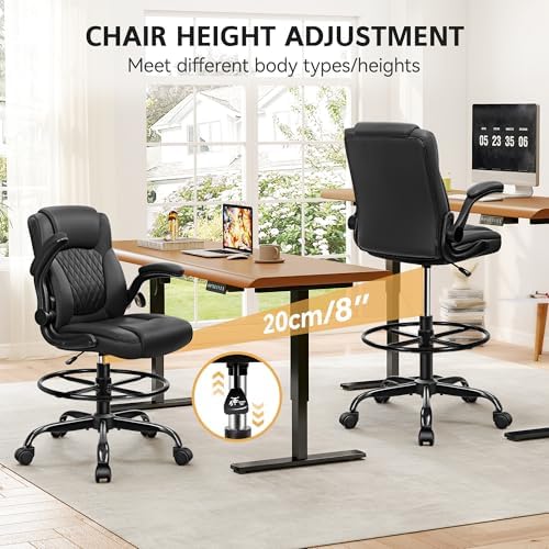 Drafting Chair, Tall Office Chair for Standing Desk, High Executive Leather Ergonomic Computer Chair with Adjustable Height and Flip-Up Armrest for Counter Height Desk, Black, Pack of 1 - Image 5