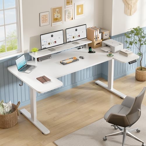 EnHomee 71 x 36 Inch U Shaped Electric Standing Desk, Height Adjustable Desk with Power Outlet, 3 Memory Height Preset,Monitor Shelf for Home Office Work Study Gaming, White - Image 6