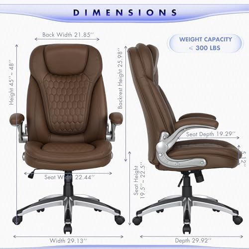 COLAMY Executive Office Chair-Ergonomic Computer Desk Chair, High Back Leather Chair with Padded Flip-up Arms, Swivel Home Office Chair Upgraded Caster, Brown - Image 3