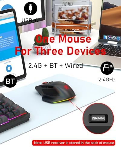 Redragon Large Wireless Gaming Mouse for Big Hands, Tri-Modes 2.4G/Bluetooth/Wired Rechargeable Ergo RGB Mouse with 2 Side Buttons, 6 Backlit Modes, Programmable Macro Gamer Mouse - Image 4