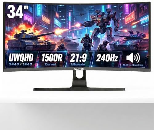 Gawfolk 34" Ultrawide Curved Monitor 240Hz, UWQHD 3440x1440 Curved 1500R by Gawfolk