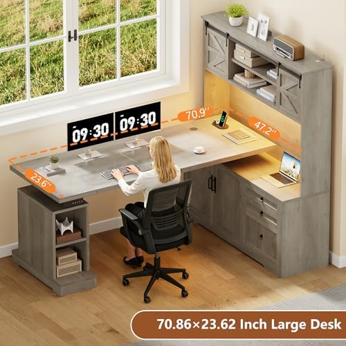 71" LED L Shaped Standing Desk with Hutch and Drawers Grey - Image 2
