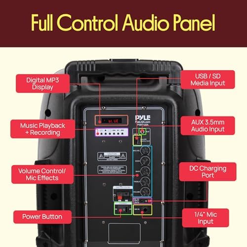 Pyle 1200W Portable Bluetooth PA Speaker - 12’’ Subwoofer, LED Battery Indicator Lights W/Built-In Rechargeable Battery, MP3/USB/SD Card Reader, and UHF Wireless Microphone - Pyle PSBT125A,Black - Image 7
