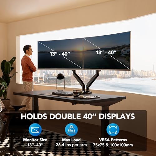 HUANUO Dual Monitor Stand for 13″–40″, Premium Dual Monitor Mount with USB, Height Adjustable Monitor Stand for 2 Monitors, VESA Mount with Clamp/Grommet Base, Holds 26.4lbs per Arm, HNDS7 (Pack of 2) - Image 2