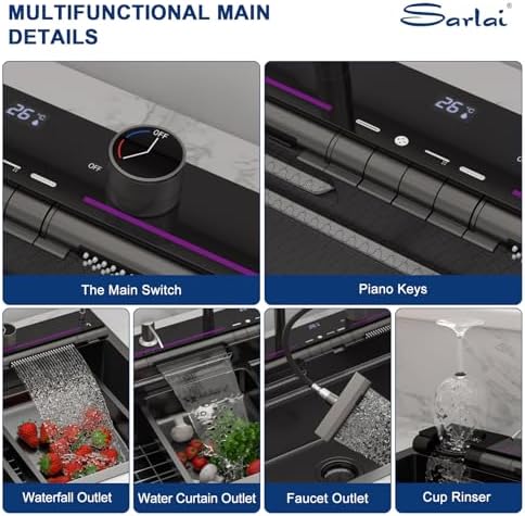 Sarlai Waterfall Kitchen Sink - 30 Inch Black Drop In Workstation Sink With Waterfall 33x19 Inch Black Stainless Steel 16 Gauge Multifunction Single Bowl Top Mount Kitchen Sinks with HoneyComb Finish - Image 6