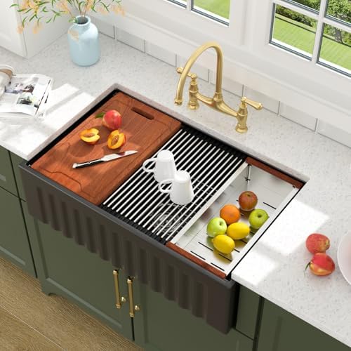 Lordear 33 Inch Black Fireclay Farmhouse Sink Workstation Fluted Reversible - Image 2