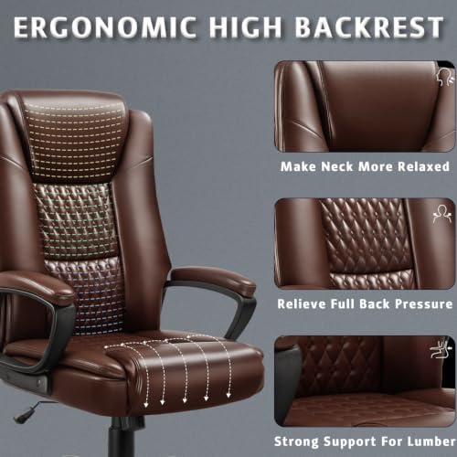 LEMBERI High Back PU Leather Executive Office Chair, Adjustable Swivel Computer Desk Chair with Padded Armrests for Home Office, Brown - Image 4