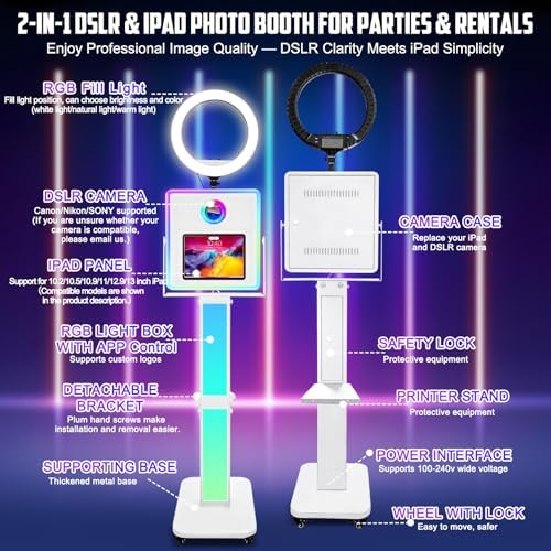 Photo Booth for iPad 10.2" 10.9" 11" 12.9" & Camera,2-in-1 Selfie Station Shell Stand Camera Photobooth Machine,App Control RGB Fill Light,for Parties,Rental Business (White + Honeycomb Box) - Image 2