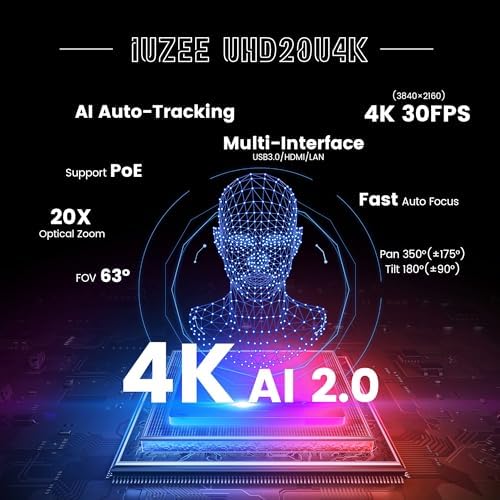 4K UHD PTZ Camera AI-Auto Tracking, 20X Optical Zoom, USB3.0/HDMI/LAN PoE, IP Live Streaming, PTZ Conference Room Camera for Church Services Education Conference Events, Work with YouTube OBS - Image 2