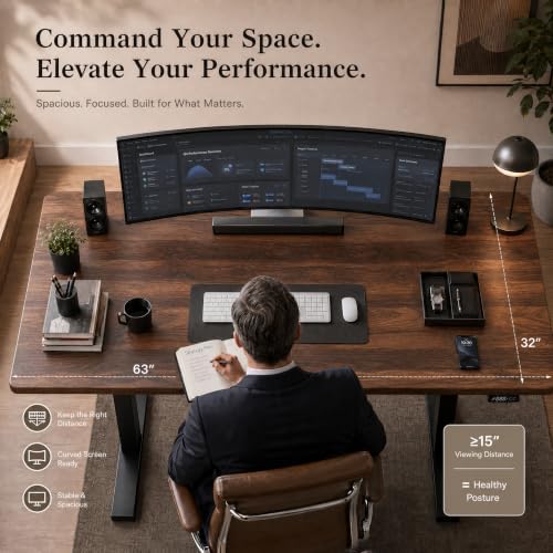 Grandder 63x32 Large Electric Standing Desk, Height Adjustable Computer Desk with 2 Memory Presets, 31.5" Deep Desktop Sit Stand Desk Home Office Desk Workstation Table with Hooks, Walnut - Image 2