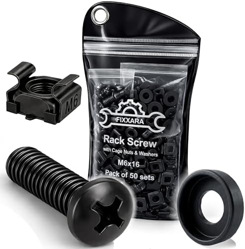 M6x16 Rack Mount Screws, Steel Cage Nuts & Nylon Washers, 50-Pack by FIXXARA