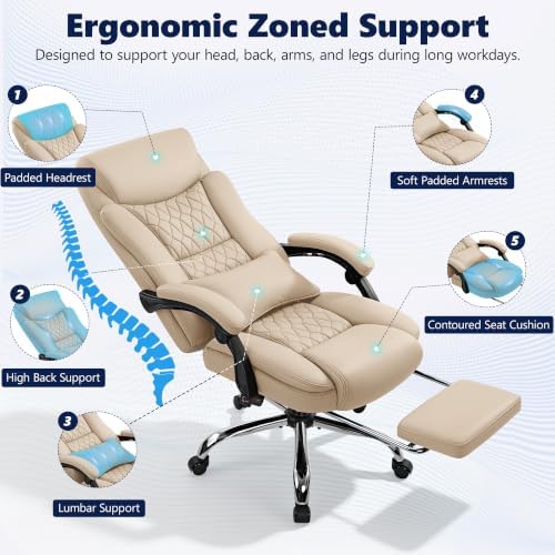 Ergonomic Office Chair Executive PU Leather High Back Office Chair, 400lbs Heavy Duty Reclining Desk Chair with Footrest, Adjustable Lumbar Support, Padded Armrests,Khaki,6 Pack - Image 4