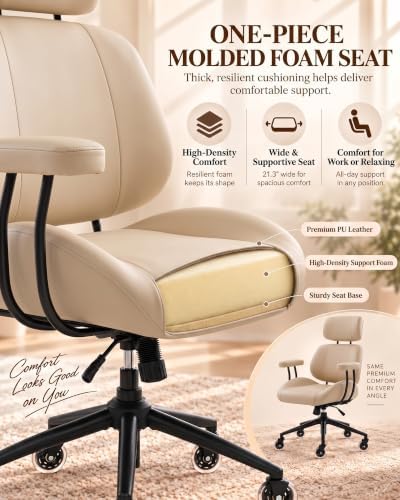 E-Motie Mid-Century Modern Desk Chair, Beige Ergonomic Leather Office Chair - Image 4