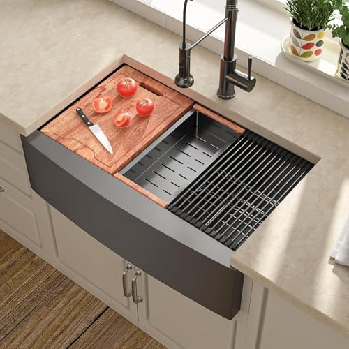 30 Black Farmhouse Sink - Lordear 30 inch Farm Kitchen Sink Workstation Apron Front 16-Gauge Gunmetal Black Stainless Steel Single Bowl Deep Kitchen Farmer Sinks, 9" Apron Height - Image 2