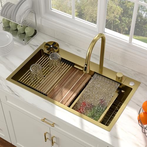 33 Gold Drop In Workstation Waterfall Kitchen Sink with Accessories by Couoko