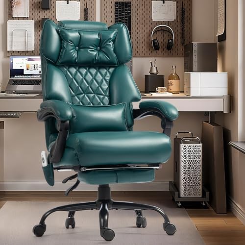 Massage Office Chair with Foot Rest,6 Points Vibration & Heat Executive Office Chairs for Heavy People,500LBS Big and Tall Office Chair,Ergonomic Reclining Desk Chair,Dual-Use Pillow,Home Office,Green - Image 2