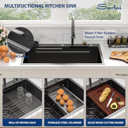 Sarlai 36 Inch Waterfall Kitchen Sink Workstation - 36x22 Black Waterfall Drop In Sink Stainless Steel 16 Gauge Sink Multifunction Single Bowl Smart Top Mount Kitchen Sinks with Faucet Combo - Image 6