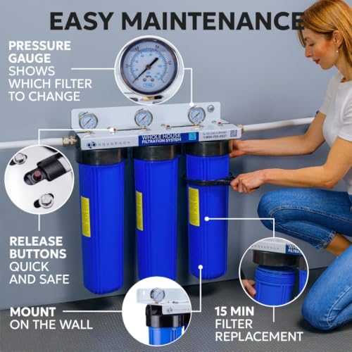 Aquaboon 3-Stage Whole House Water Filter System with 20x4.5 CTO & Sediment Filters, Against Sediment & Chlorine | w/Wrench, Bracket, Gauge & Release - Image 4