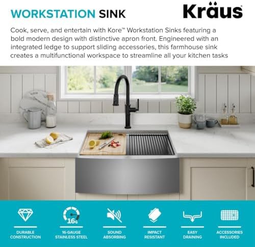 KRAUS Kore 24-Inch Farmhouse Workstation 16 Gauge Single Bowl Stainless Steel Kitchen Sink with Accessories, KWF210-24 - Image 3
