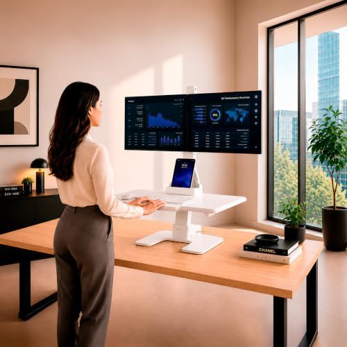 Mount-It! Electric Standing Desk Converter, Motorized Sit Stand Desk Riser with Dual Monitor Mounts, Adjustable Height Ergonomic Workstation with 28” Wide Platform and Tablet/Phone Slot, White - Image 2