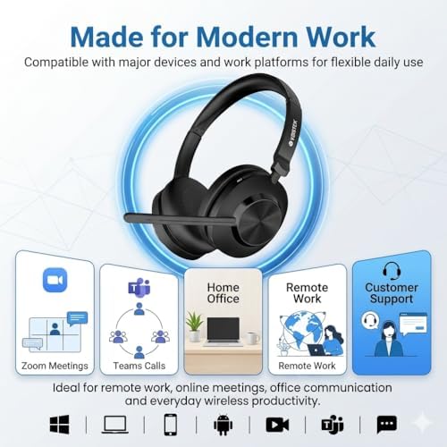 Voistek Wireless Headset with Mic for Work, Bluetooth Computer Headphones(Bluetooth 5.3 + USB Dongle) w/Noise Cancelling Mic & Mute Button for Work,Home Office,Zoom,Teams,Online Meetings (Black) - Image 2