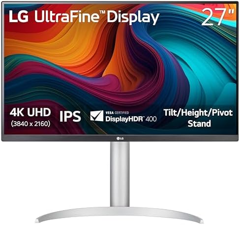 LG 27UP650K-W 27-inch Ultrafine 4K UHD (3840 x 2160) IPS Computer Monitor, 60Hz, 5ms, DisplayHDR 400, Reader Mode, Flicker Safe, HDMI, DisplayPort, Tilt/Height/Pivot Adjustable Stand, White by Unknown