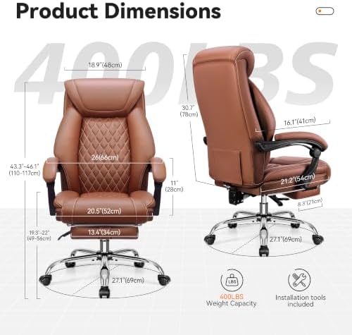 Office Chair, Executive Leather Office Chairs with Rocking Function, Big and Tall Ergonomic Computer Chair with Lumbar Support Flip-Up Armrests, Comfortable Gaming Chairs for Home Ofiice - Image 3