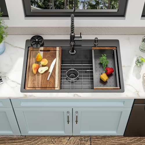 33"x22" Drop In Kitchen Sink with Faucet Combo & Glass Rinser - Image 3