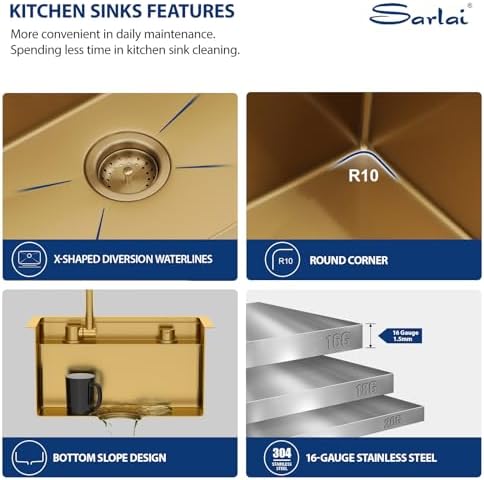 Sarlai Undermount Bar Sink - 18 Inch Gold Undermount Kitchen Sink Workstation with Foldable Faucet 18x18 Inch Outdoor Bar Prep Single Bowl Gold Sinks 16 Gauge Stainless Steel BBQ Basin with Cover - Image 4