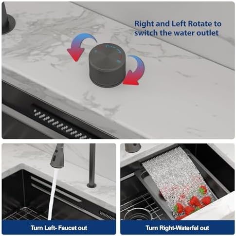 Sarlai 33 Inch Waterfall Kitchen Sink Black Undermount Workstation Sink - Image 4