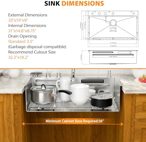 Mocoloo 33 Inch Honeycomb Waterfall Kitchen Sink Drop in, 33x19 Inch Stainless Steel Workstation Sink 16 Gauge Topmount Single Bowl Sink with Complete Kit - Image 2