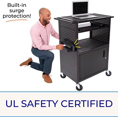 Line Leader Stellar AV Cart | Computer Cart with Pegboard Siding & 12 Hooks for Customizable Storage | Locking Cabinet & Pullout Keyboard Tray | UL Safety Certified Power Outlets | Locking Wheels  - Image 5