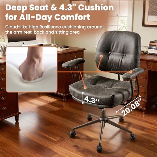 Leather Home Office Chair, Mid Back Ergonomic Desk Chair with Lumbar Support, Mid Century Modern Deep Seat Swivel Rocking Computer Chair, Dark Gray - Image 3