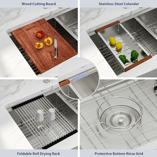 Lordear 33 Inch Stainless Steel Farmhouse Sink 16 Gauge T304 Double Bowl Kitchen Sink Workstation Apron Front Low Divide 50/50 Double Kitchen Farm Sinks 33X22X10 Inch - Image 5