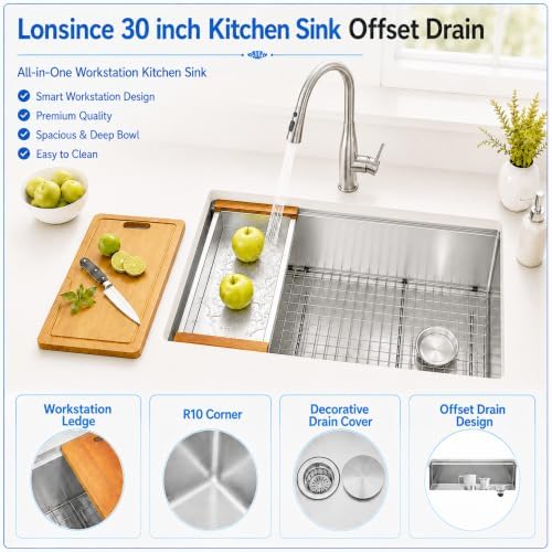 30" X 18" Undermount Kitchen Sink Offset Drain with Workstation - Image 3