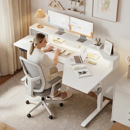 Agilestic 63*35 Inch L Shaped Standing Desk with Shelf & Led& Outlet, White - Image 2