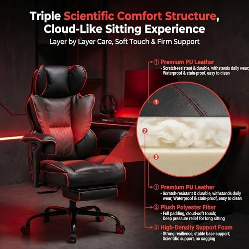 Big and Tall Gaming Office Chair 400lbs - Heavy Duty Ergonomic Computer Desk Chair with Footrest, Adjustable Armrests, High Back PU Leather with Racing Style (Black/Red) - Image 7