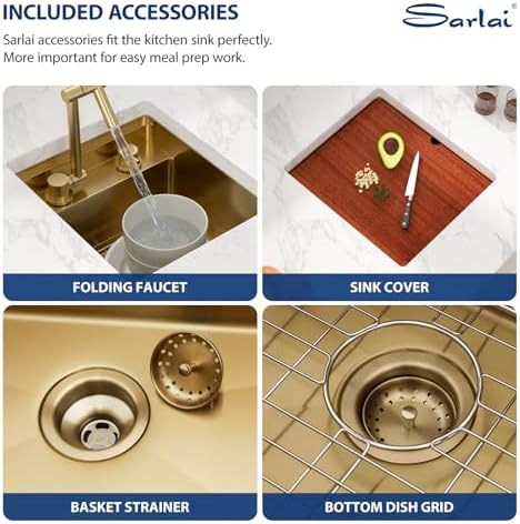 Sarlai Gold Undermount Bar Sink - 15x17 Inch Outdoor Kitchen Sink Workstation Gold 16 Gauge Stainless Steel Single Bowl Handmade Outdoor BBQ Sinks With Foldable Faucet - Image 6