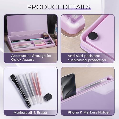 TOWON Compact Glass Desktop Whiteboard with Storage 12x7 in, Lavender - Image 3