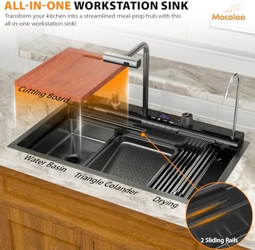 Mocoloo 30 Inch Black Honeycomb Waterfall Kitchen Sink Drop in, 30x19 Inch Stainless Steel Workstation Sink 16 Gauge Topmount Single Bowl LED Display Sink with Complete Kit - Image 6
