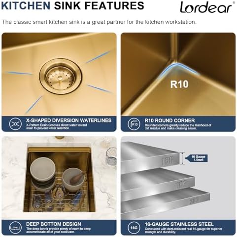 Lordear Gold Undermount Bar Sink 15x18x9 Inch Kitchen Sink Workstation 16 Gauge Stainless Steel Small Single Bowl Bar Prep Rv Island Sink - Image 5