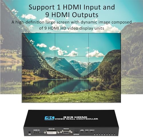 Video Wall Controller 3x3, TV Wall Processor, 4K x 2K HDMI Multi-Screen Splicing Processor, Support Support 1-Way HDMl or DVI Input and 9 HDMl Output Support Images Stitching 3x2 2x3 2x2 4x2 2x4 etc - Image 2
