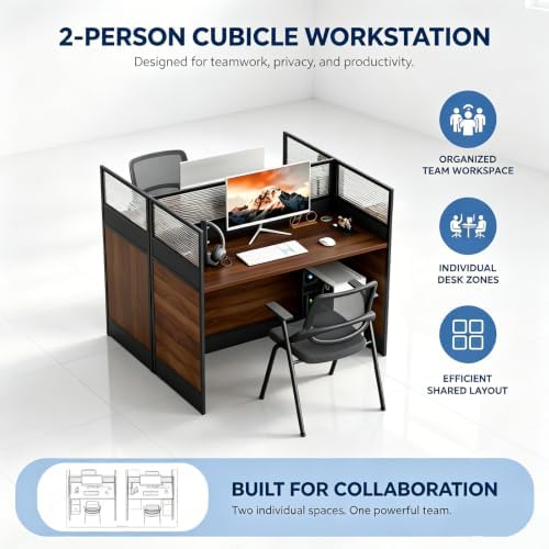 2-Person Office Cubicle Workstation Desk with Mute Privacy Panels & Cable Management, Computer Cubicles Desk for Home & Commercial Office Use, Walnut Finish - Image 4