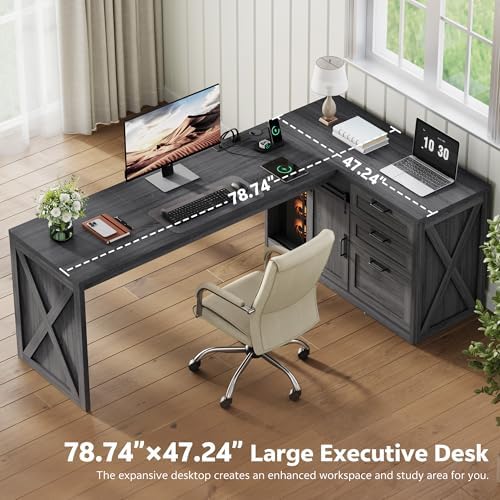 78.7" L-Shaped Executive Desk with Drawers and File Cabinet - Image 4