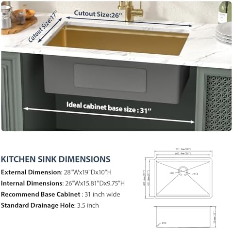 Lordear 28 Undermount Kitchen Sink Gold Stainless Steel 16 Gauge Under Counter Workstation Sink Single Bowl 304 Stainless Steel One Basin Handmade Sinks - Image 5